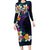 Hawaiian Plumeria-Polynesian Art Tattoo Frosted Blue Violet Color Long Sleeve Bodycon Dress