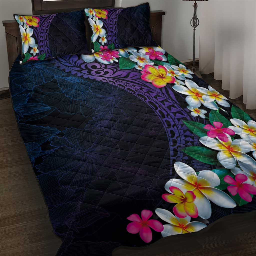 Hawaiian Plumeria-Polynesian Art Tattoo Frosted Blue Violet Color Quilt Bed Set LT03 Blue - Polynesian Pride