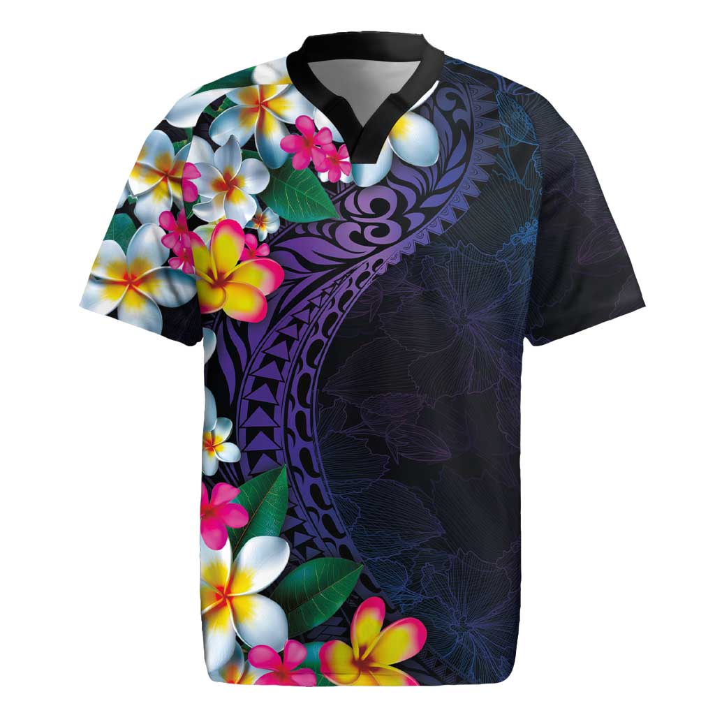 Hawaiian Plumeria-Polynesian Art Tattoo Frosted Blue Violet Color Rugby Jersey LT03 Blue - Polynesian Pride