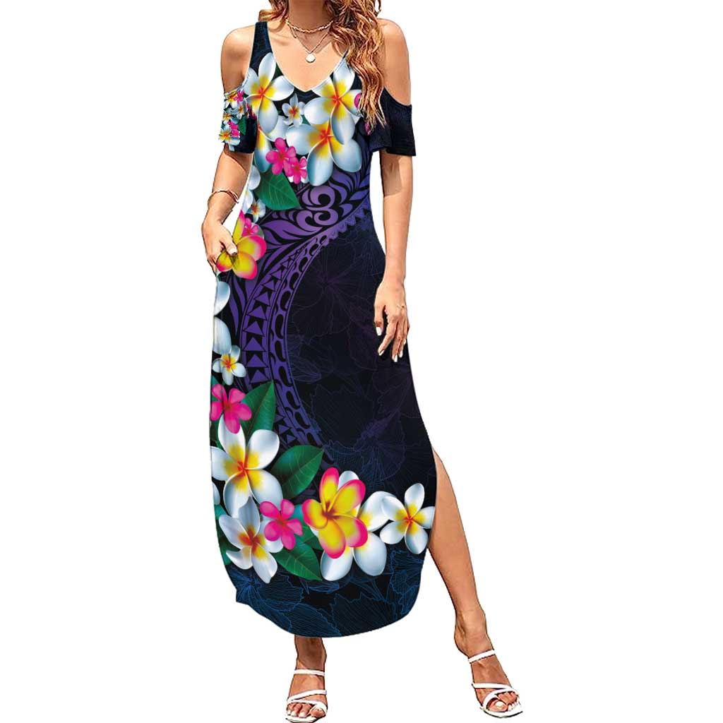 Hawaiian Plumeria-Polynesian Art Tattoo Frosted Blue Violet Color Summer Maxi Dress LT03 Women Blue - Polynesian Pride
