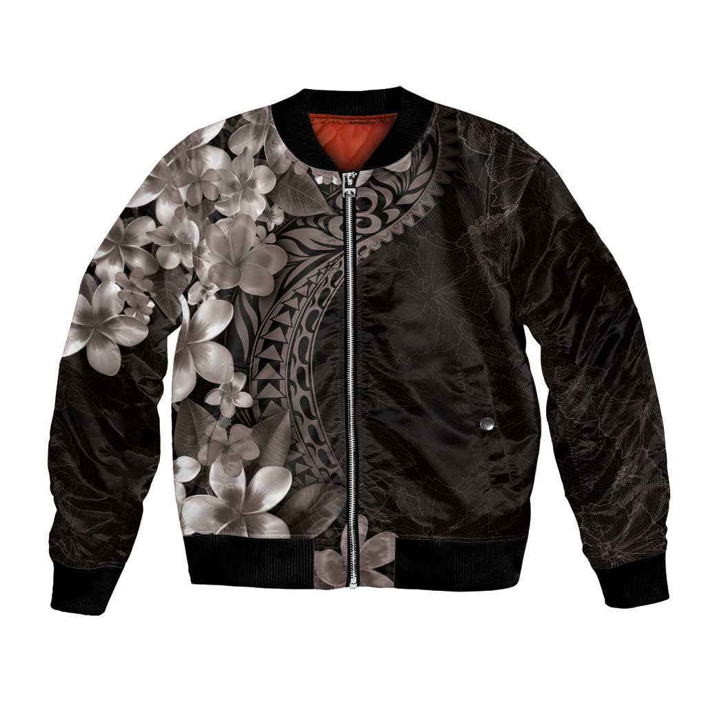 Hawaiian Plumeria-Polynesian Art Tattoo Grayscale Color Bomber Jacket LT03 Unisex Gray - Polynesian Pride