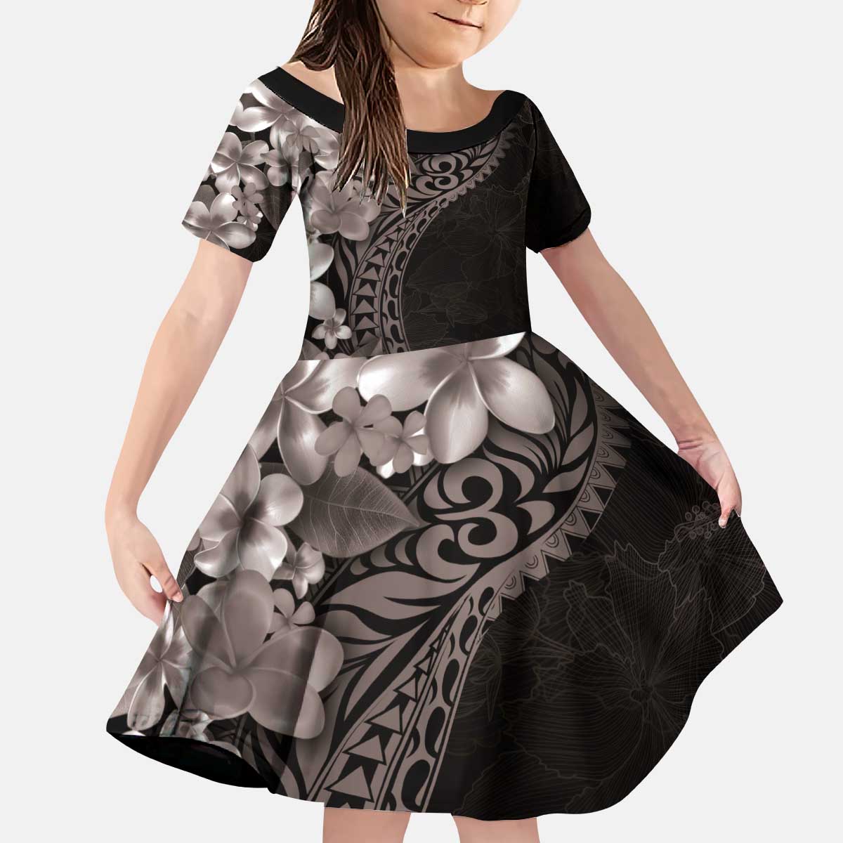 Hawaiian Plumeria-Polynesian Art Tattoo Grayscale Color Kid Short Sleeve Dress LT03 KID Gray - Polynesian Pride