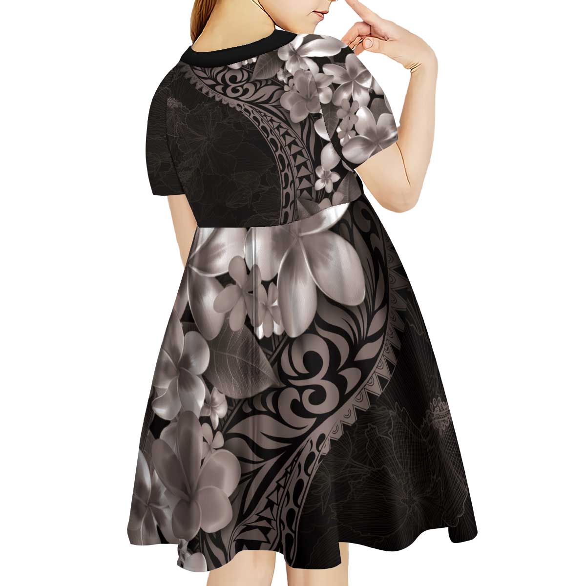 Hawaiian Plumeria-Polynesian Art Tattoo Grayscale Color Kid Short Sleeve Dress LT03 - Polynesian Pride