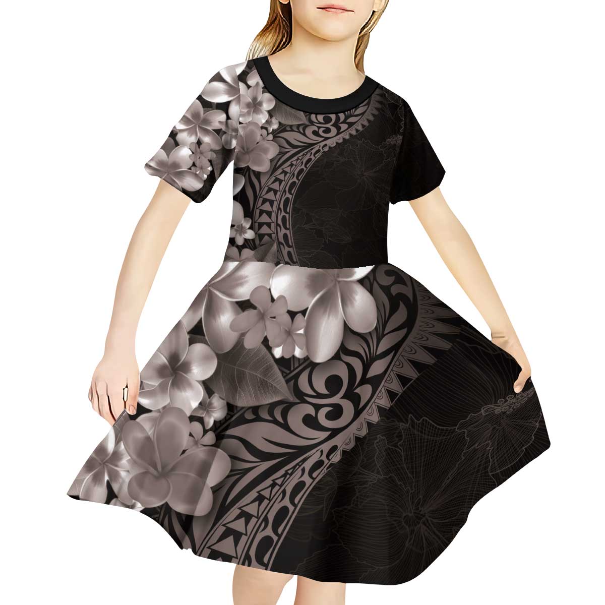 Hawaiian Plumeria-Polynesian Art Tattoo Grayscale Color Kid Short Sleeve Dress LT03 - Polynesian Pride