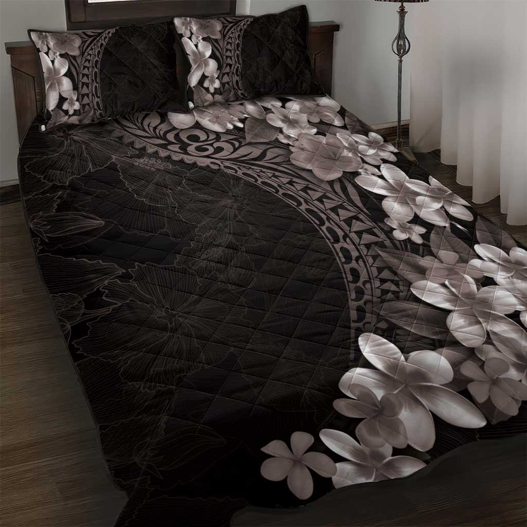 Hawaiian Plumeria-Polynesian Art Tattoo Grayscale Color Quilt Bed Set