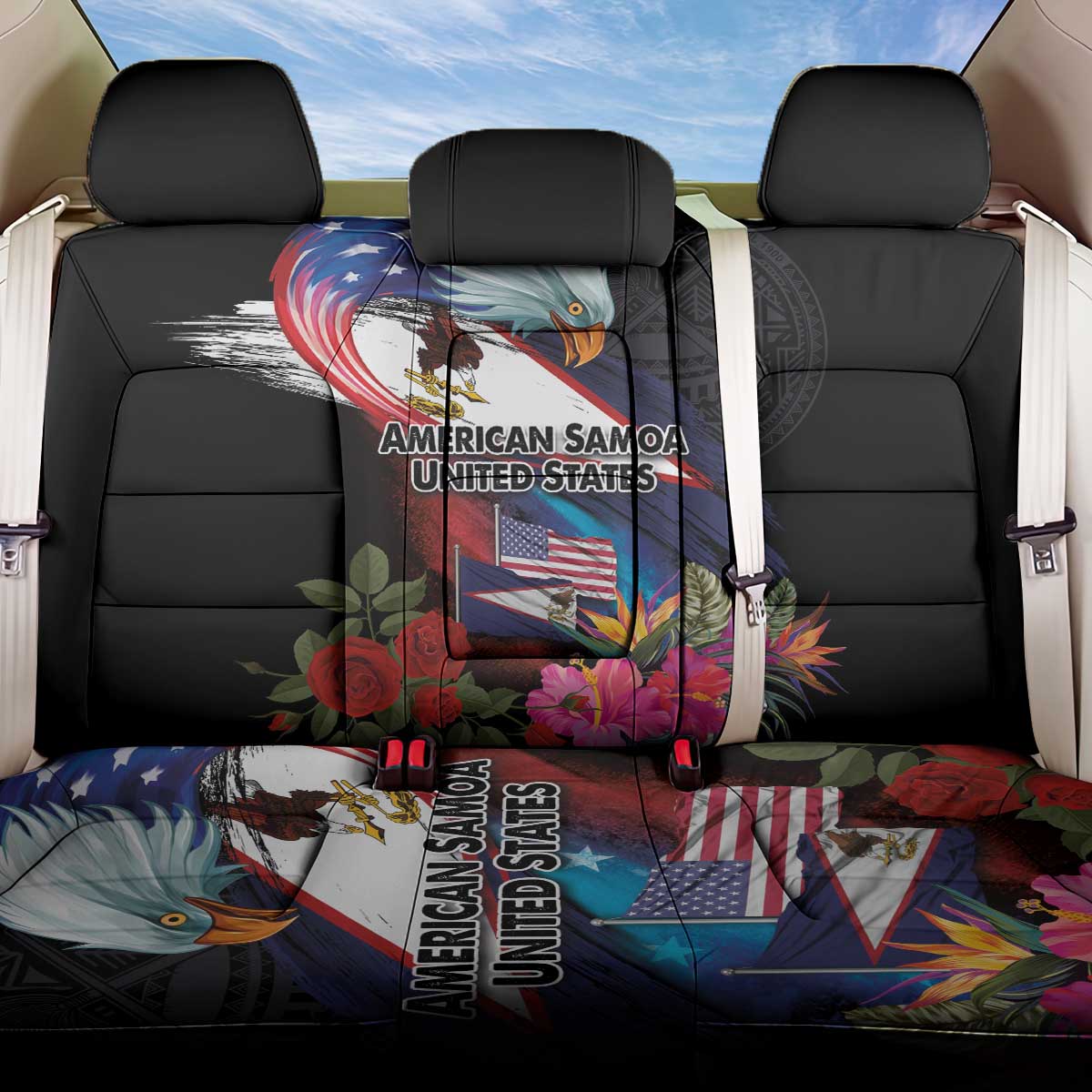 American Samoa and United States Together Back Car Seat Cover National Flag with Eagle-Hibiscus and Rose LT03 One Size Black - Polynesian Pride