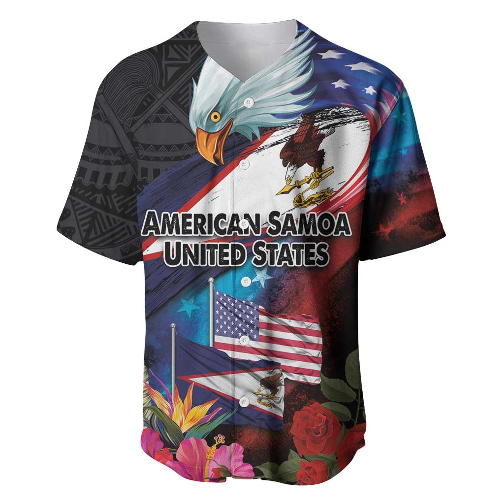 American Samoa and United States Together Baseball Jersey National Flag with Eagle-Hibiscus and Rose LT03 Black - Polynesian Pride