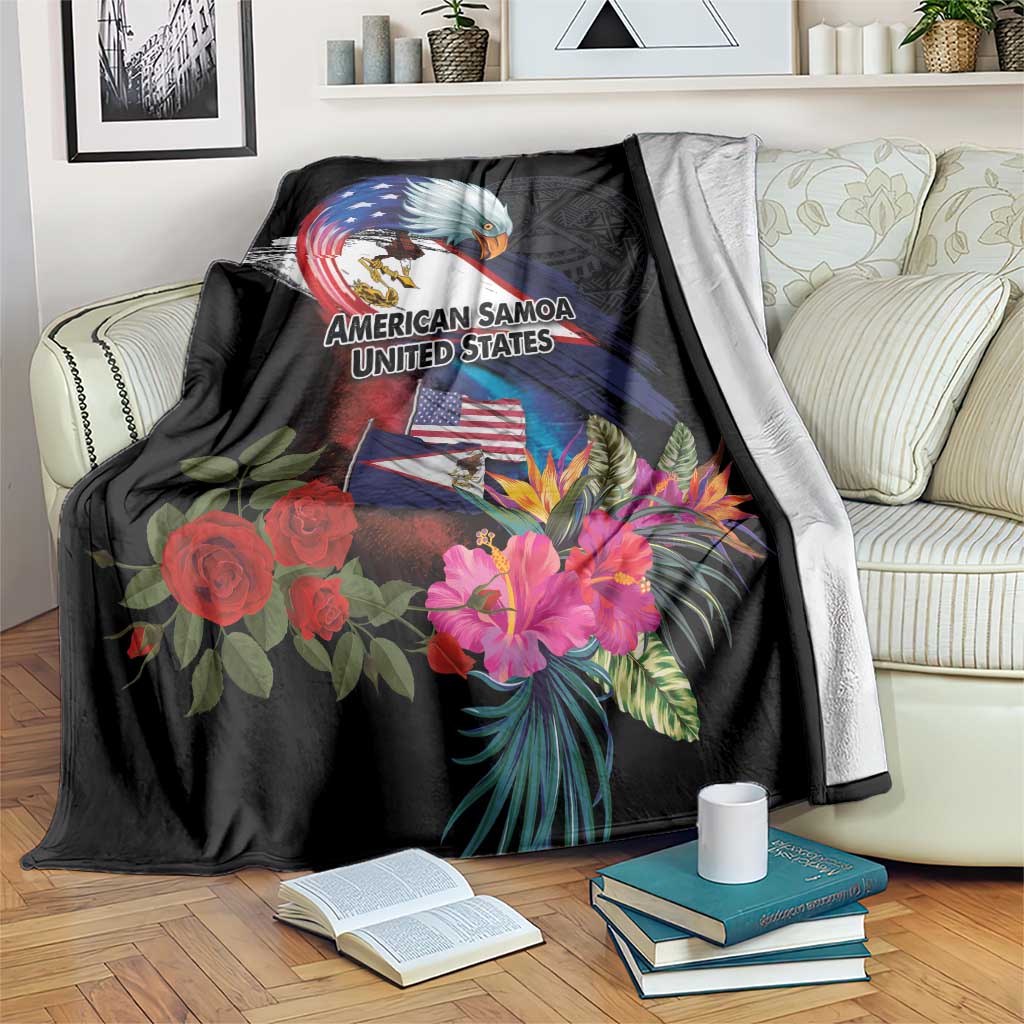 American Samoa and United States Together Blanket National Flag with Eagle-Hibiscus and Rose LT03 Black - Polynesian Pride