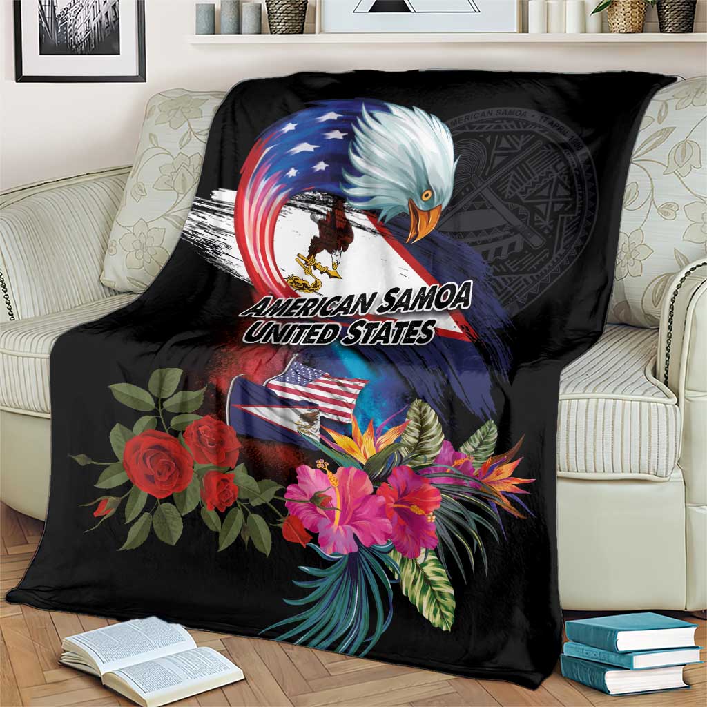 American Samoa and United States Together Blanket National Flag with Eagle-Hibiscus and Rose LT03 - Polynesian Pride