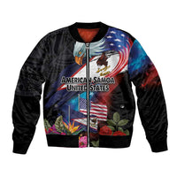 American Samoa and United States Together Bomber Jacket National Flag with Eagle-Hibiscus and Rose LT03 Unisex Black - Polynesian Pride