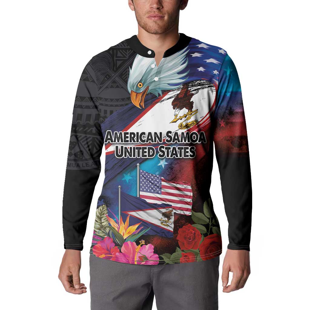 American Samoa and United States Together Button Sweatshirt National Flag with Eagle-Hibiscus and Rose LT03 - Polynesian Pride
