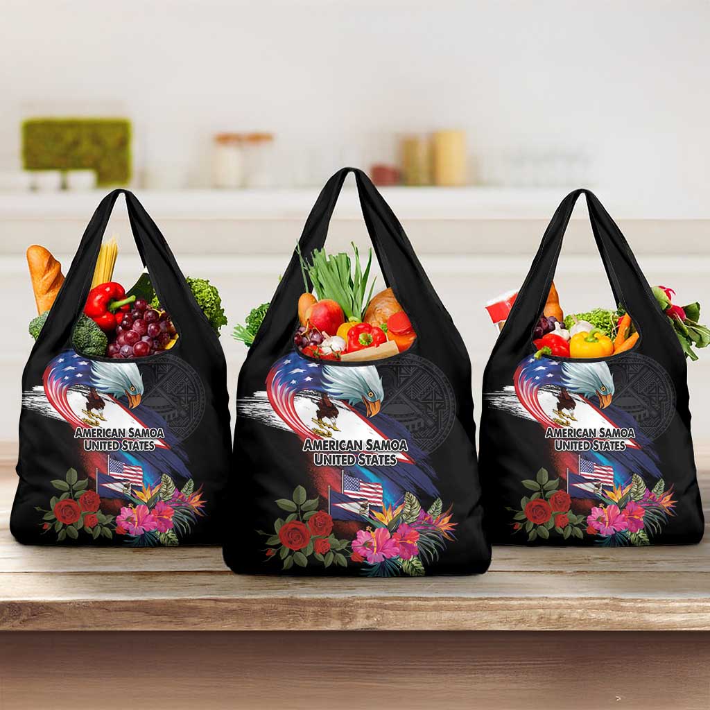 American Samoa and United States Together Grocery Bag National Flag with Eagle-Hibiscus and Rose LT03 3-pack One Size Black - Polynesian Pride