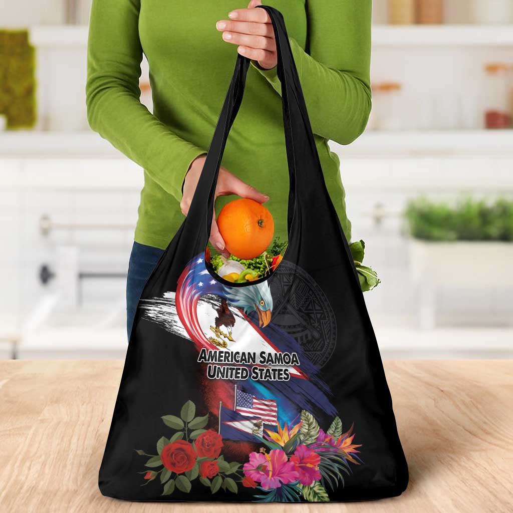 American Samoa and United States Together Grocery Bag National Flag with Eagle-Hibiscus and Rose LT03 - Polynesian Pride