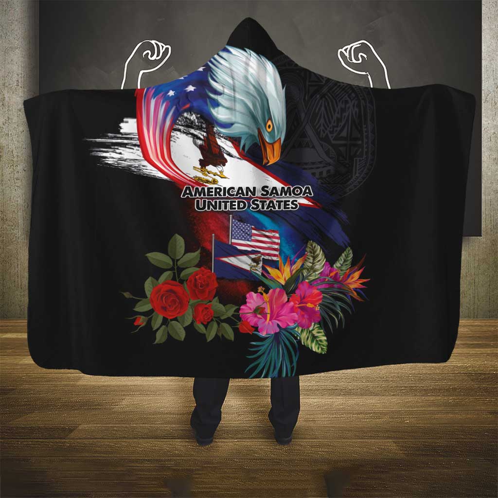 American Samoa and United States Together Hooded Blanket National Flag with Eagle-Hibiscus and Rose LT03 - Polynesian Pride