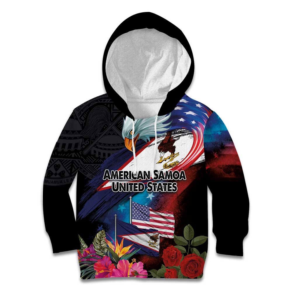 American Samoa and United States Together Kid Hoodie National Flag with Eagle-Hibiscus and Rose