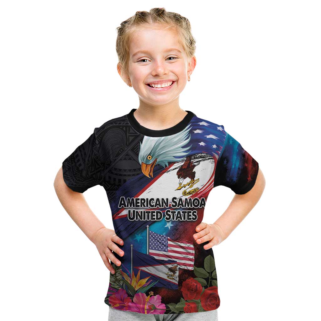 American Samoa and United States Together Kid T Shirt National Flag with Eagle-Hibiscus and Rose