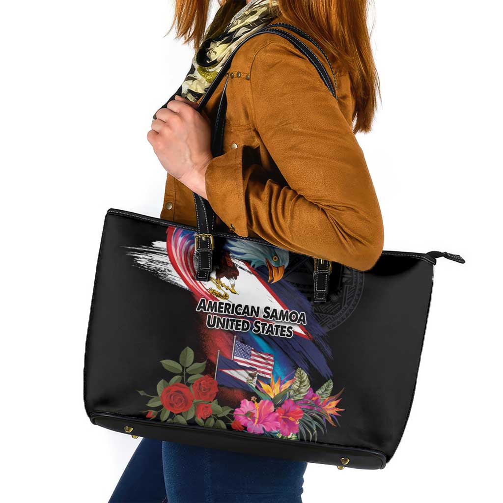 American Samoa and United States Together Leather Tote Bag National Flag with Eagle-Hibiscus and Rose LT03 Black - Polynesian Pride