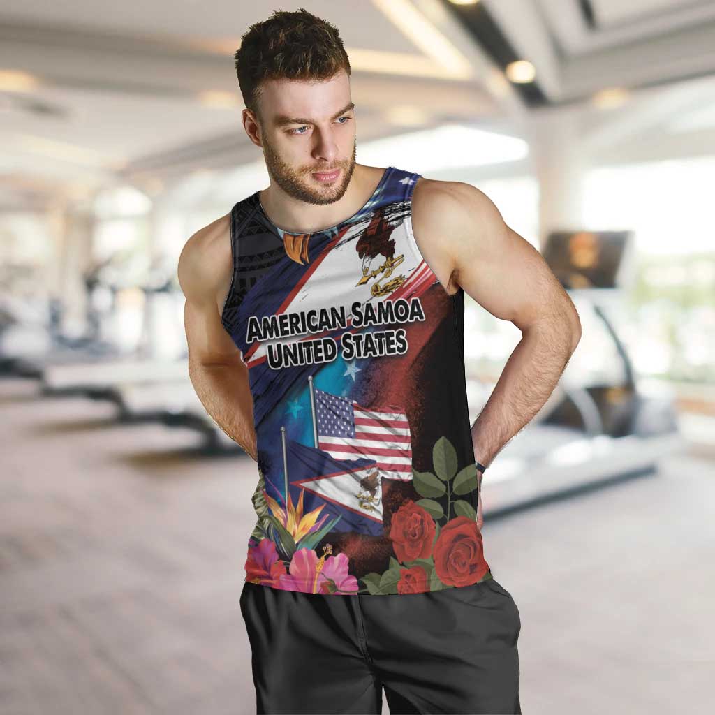 American Samoa and United States Together Men Tank Top National Flag with Eagle-Hibiscus and Rose LT03 Black - Polynesian Pride