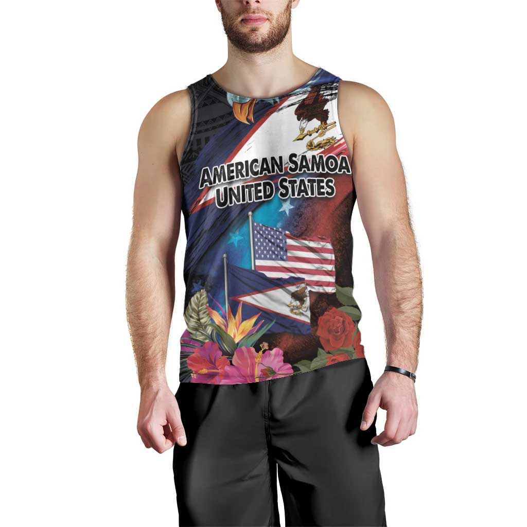 American Samoa and United States Together Men Tank Top National Flag with Eagle-Hibiscus and Rose LT03 - Polynesian Pride