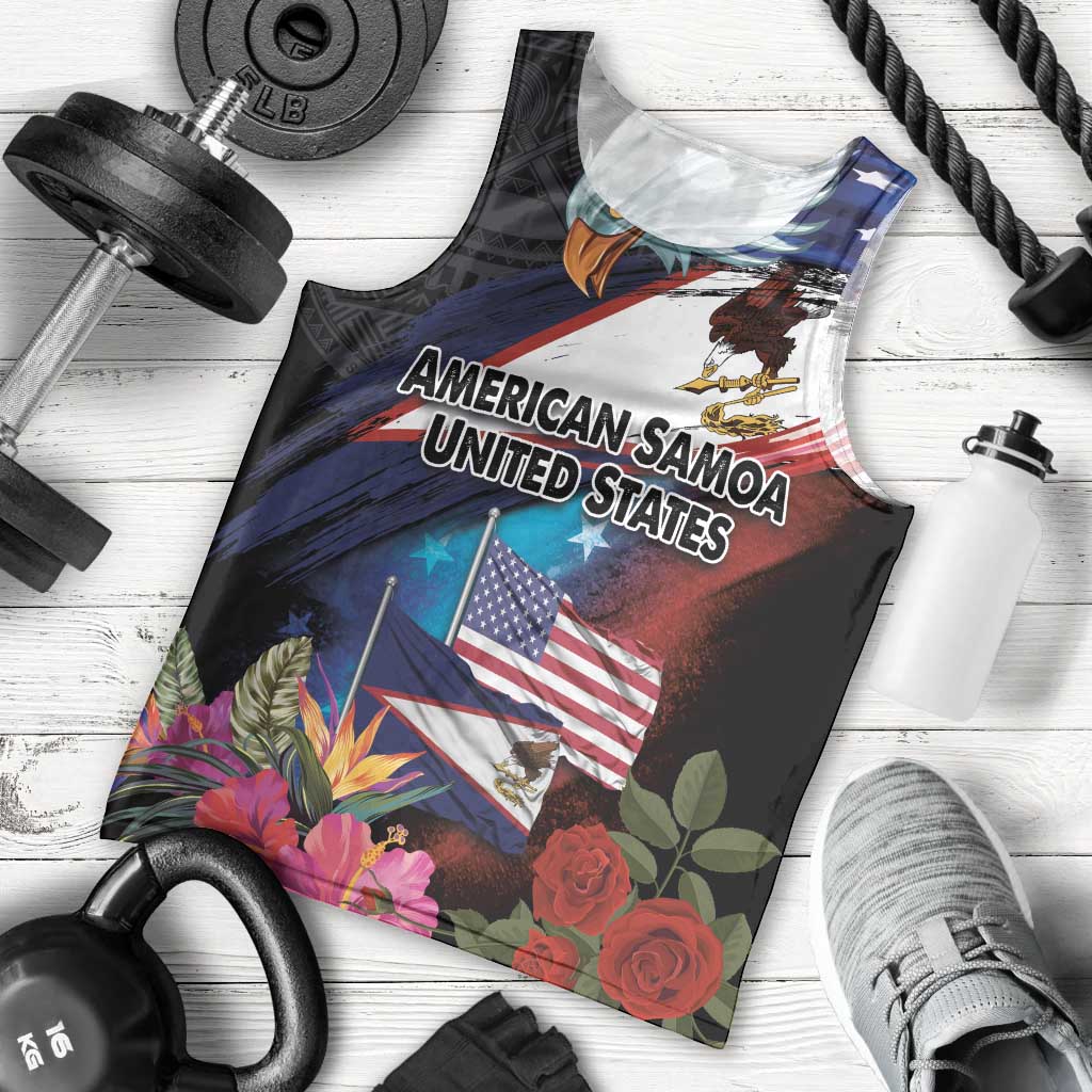 American Samoa and United States Together Men Tank Top National Flag with Eagle-Hibiscus and Rose LT03 - Polynesian Pride