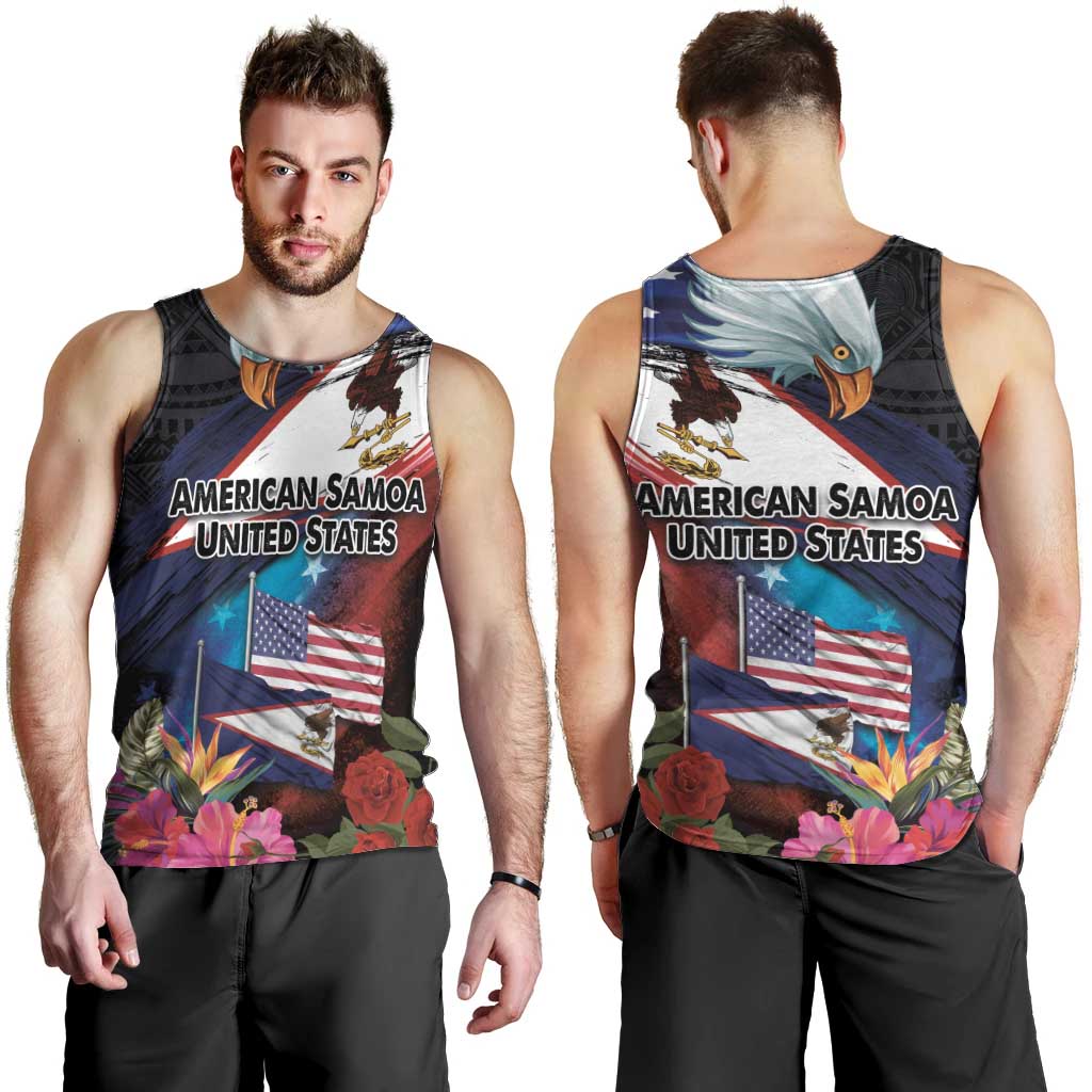 American Samoa and United States Together Men Tank Top National Flag with Eagle-Hibiscus and Rose LT03 - Polynesian Pride