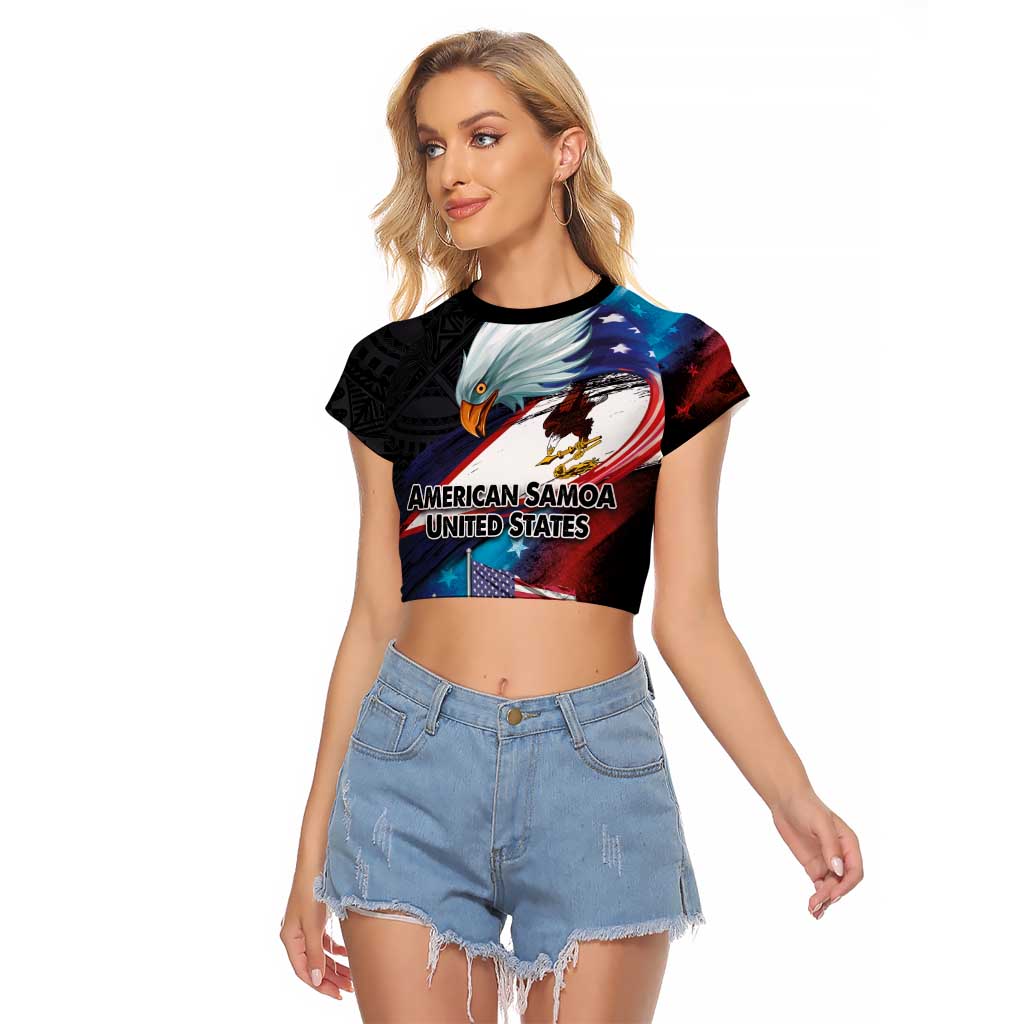 American Samoa and United States Together Raglan Cropped T Shirt National Flag with Eagle-Hibiscus and Rose