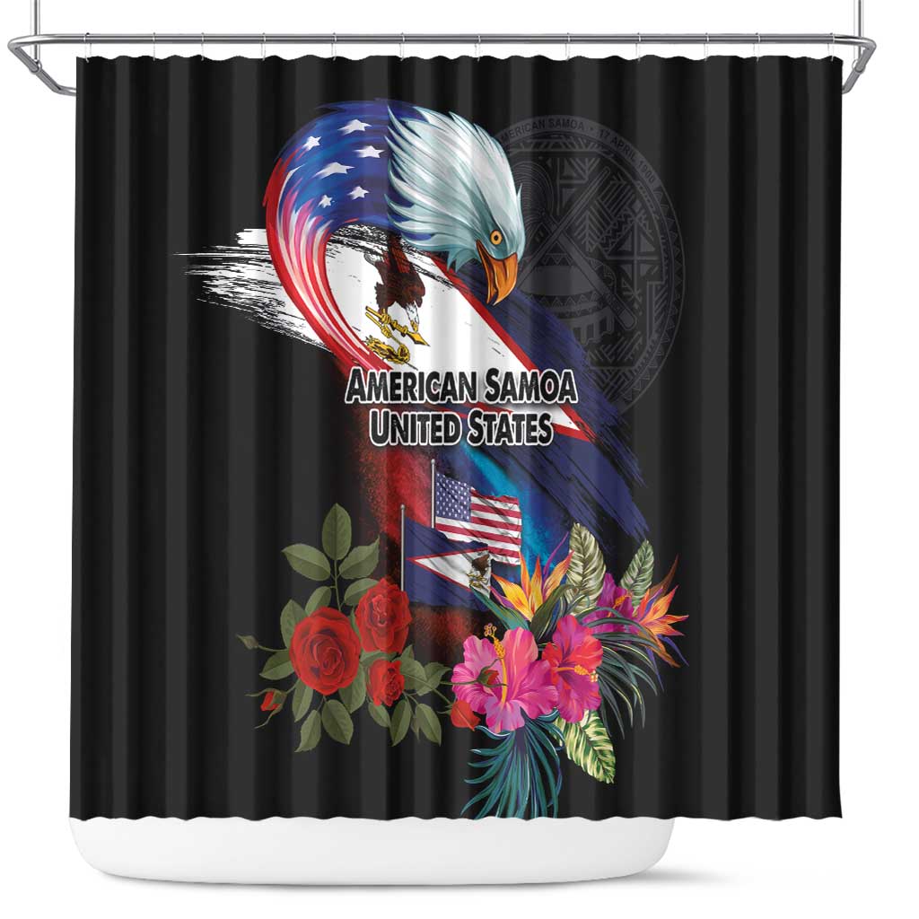 American Samoa and United States Together Shower Curtain National Flag with Eagle-Hibiscus and Rose LT03 Black - Polynesian Pride