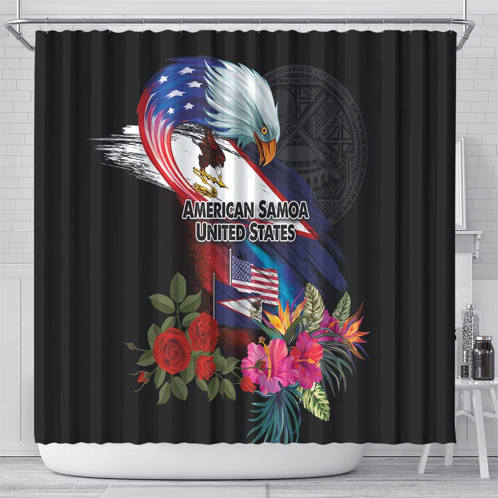 American Samoa and United States Together Shower Curtain National Flag with Eagle-Hibiscus and Rose LT03 - Polynesian Pride