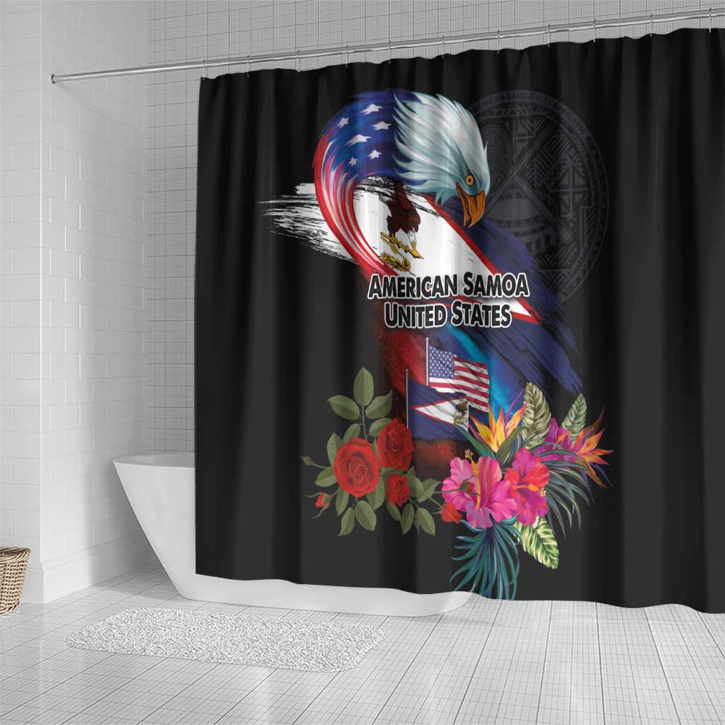 American Samoa and United States Together Shower Curtain National Flag with Eagle-Hibiscus and Rose LT03 - Polynesian Pride