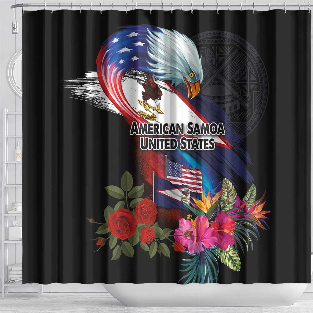 American Samoa and United States Together Shower Curtain National Flag with Eagle-Hibiscus and Rose LT03 - Polynesian Pride