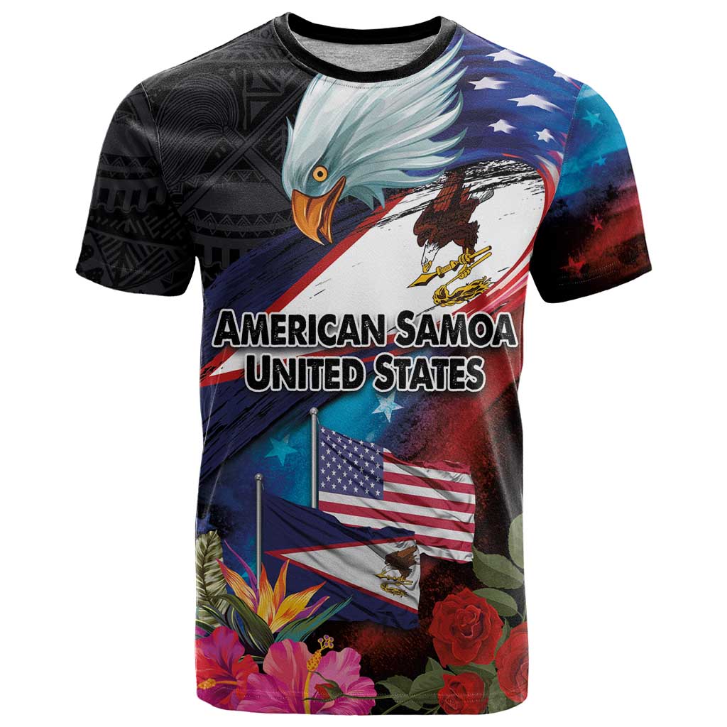 American Samoa and United States Together T Shirt National Flag with Eagle-Hibiscus and Rose