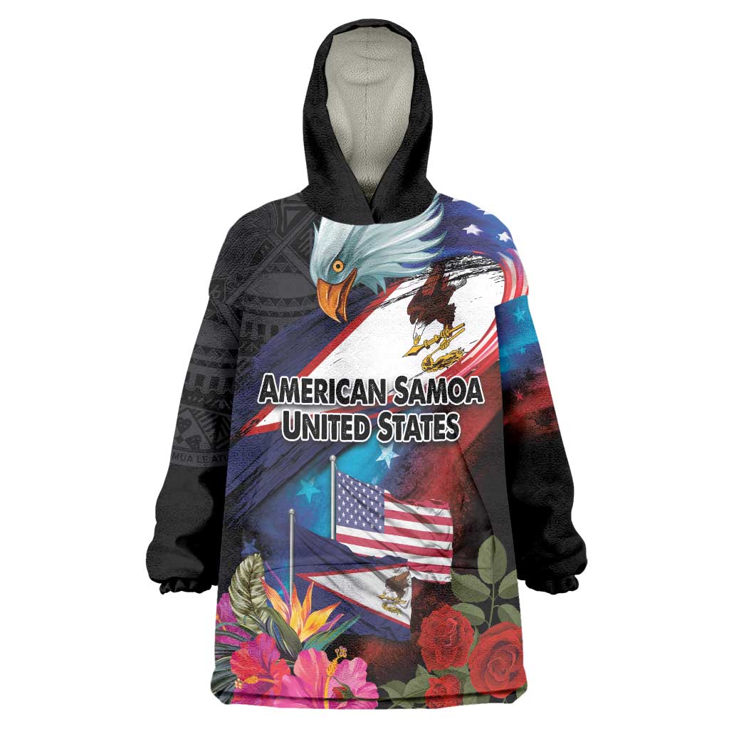 American Samoa and United States Together Wearable Blanket Hoodie National Flag with Eagle-Hibiscus and Rose