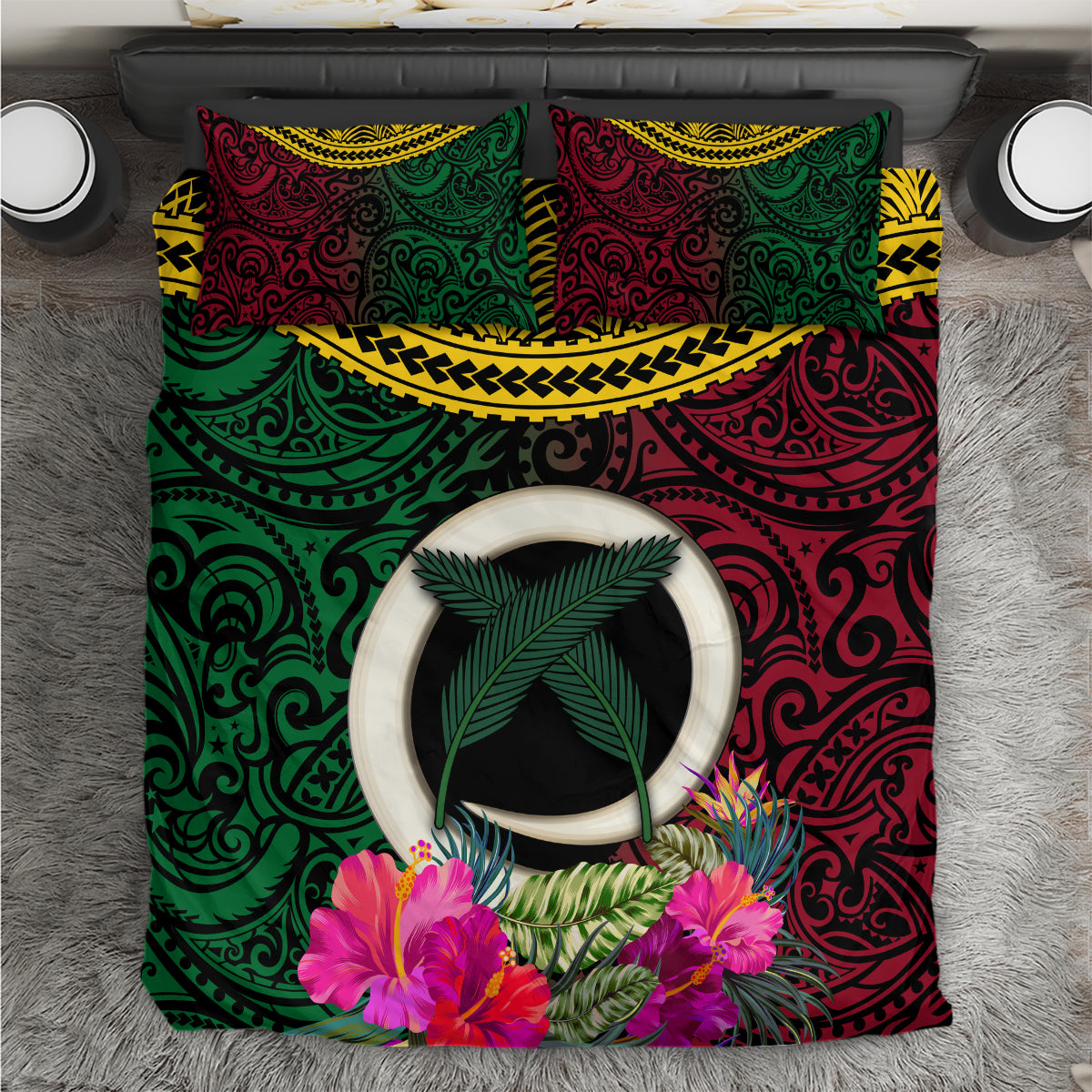 Vanuatu 44th Anniversary Independence Day Bedding Set Boars Tusk and Namele Plant LT03 Black - Polynesian Pride
