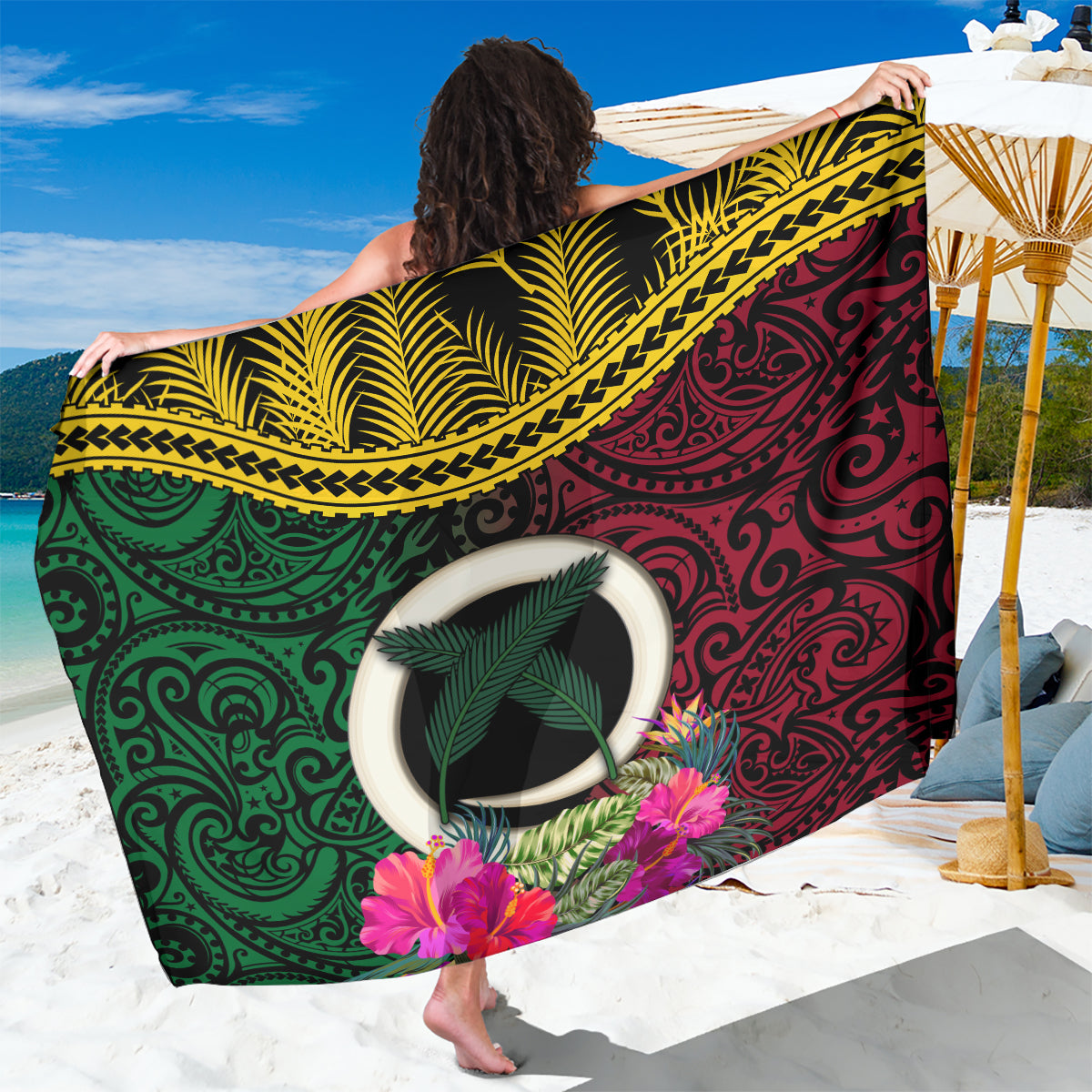 Vanuatu 44th Anniversary Independence Day Sarong Boars Tusk and Namele Plant LT03 One Size 44 x 66 inches Black - Polynesian Pride