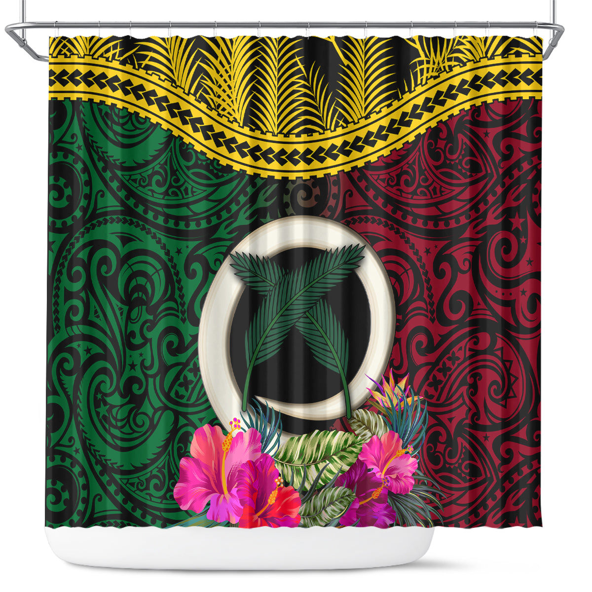 Vanuatu 44th Anniversary Independence Day Shower Curtain Boars Tusk and Namele Plant LT03