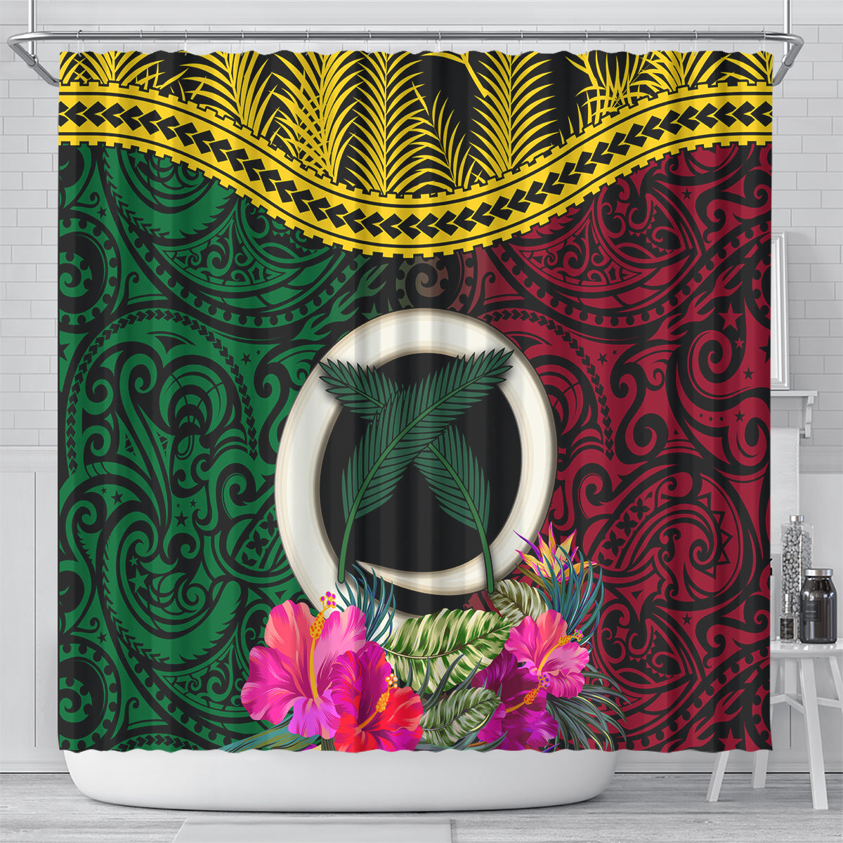 Vanuatu 44th Anniversary Independence Day Shower Curtain Boars Tusk and Namele Plant LT03 - Polynesian Pride