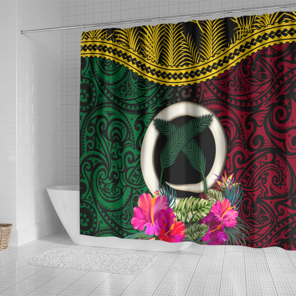 Vanuatu 44th Anniversary Independence Day Shower Curtain Boars Tusk and Namele Plant LT03 - Polynesian Pride
