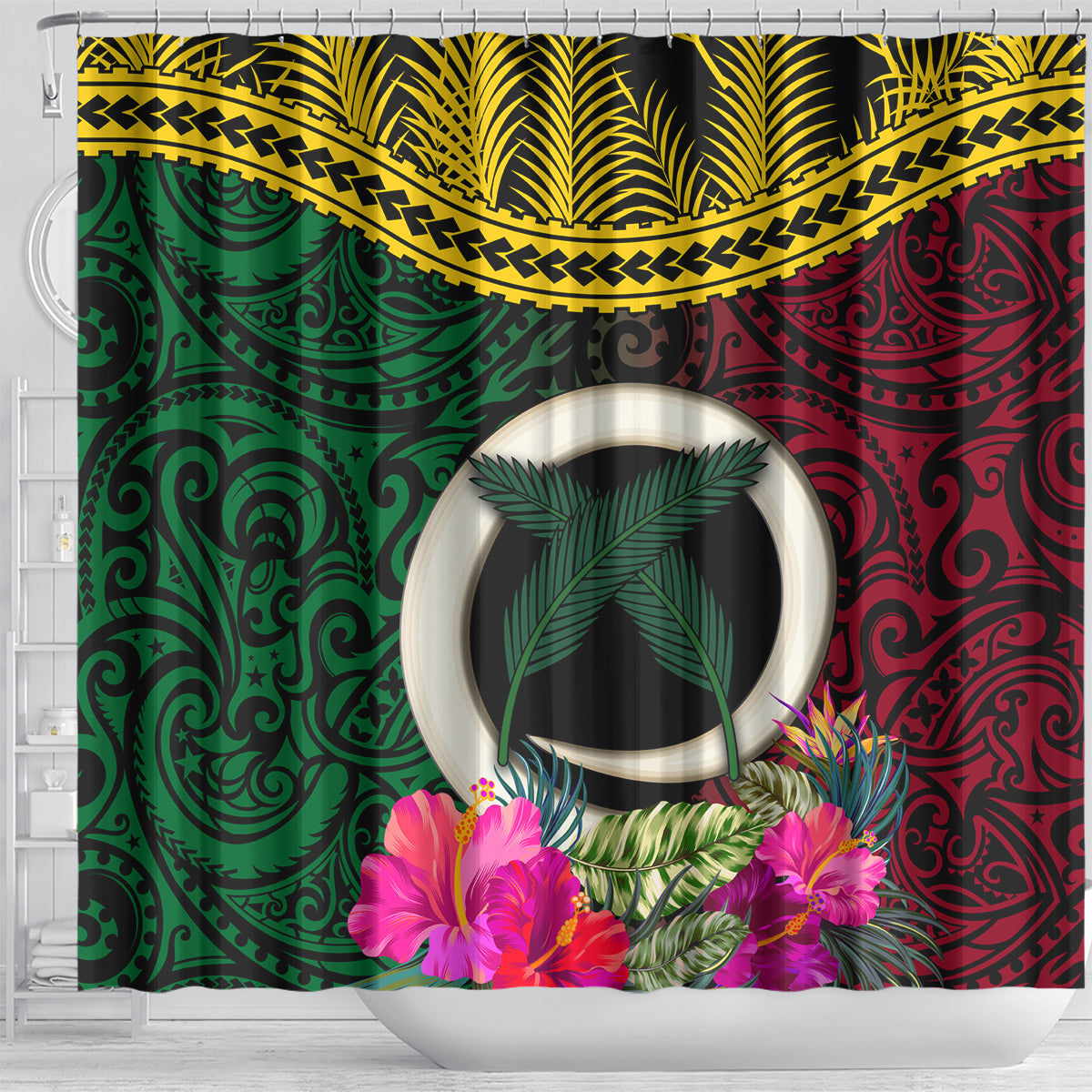 Vanuatu 44th Anniversary Independence Day Shower Curtain Boars Tusk and Namele Plant LT03 - Polynesian Pride