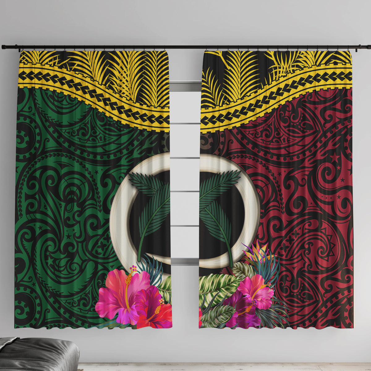 Vanuatu 44th Anniversary Independence Day Window Curtain Boars Tusk and Namele Plant LT03 With Hooks Black - Polynesian Pride