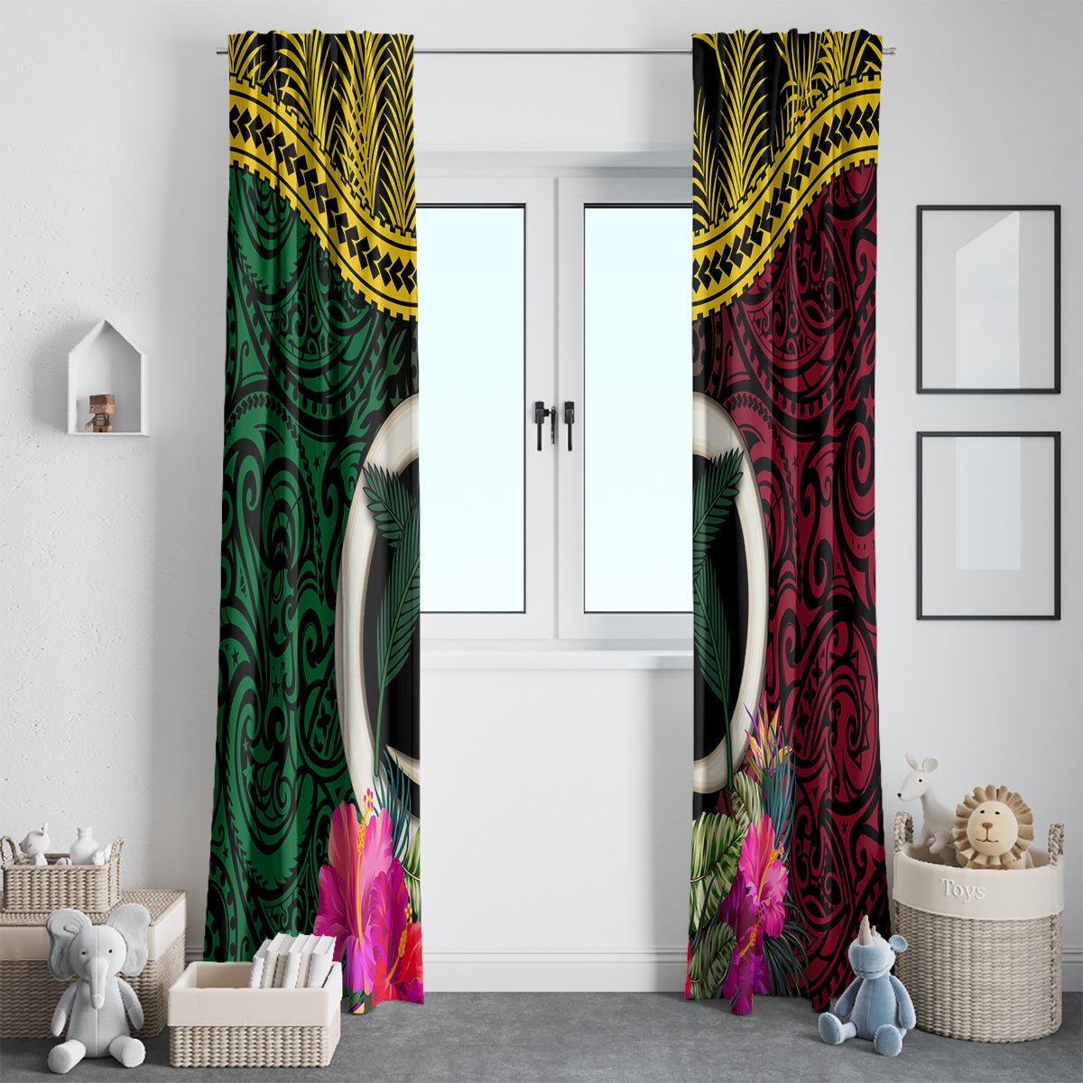 Vanuatu 44th Anniversary Independence Day Window Curtain Boars Tusk and Namele Plant LT03 - Polynesian Pride