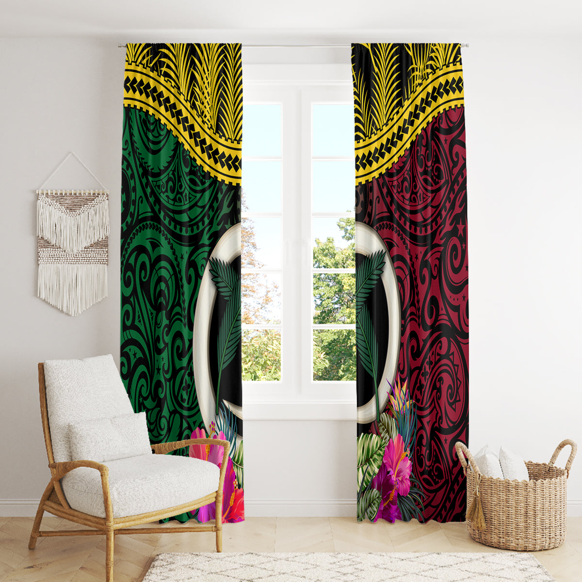Vanuatu 44th Anniversary Independence Day Window Curtain Boars Tusk and Namele Plant LT03 - Polynesian Pride