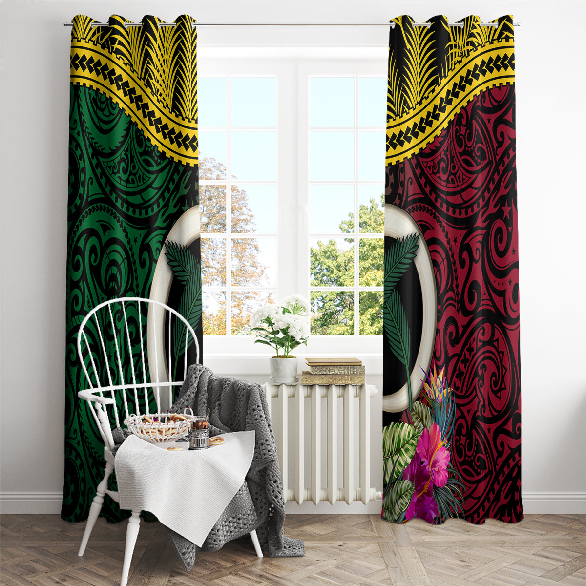 Vanuatu 44th Anniversary Independence Day Window Curtain Boars Tusk and Namele Plant LT03 - Polynesian Pride