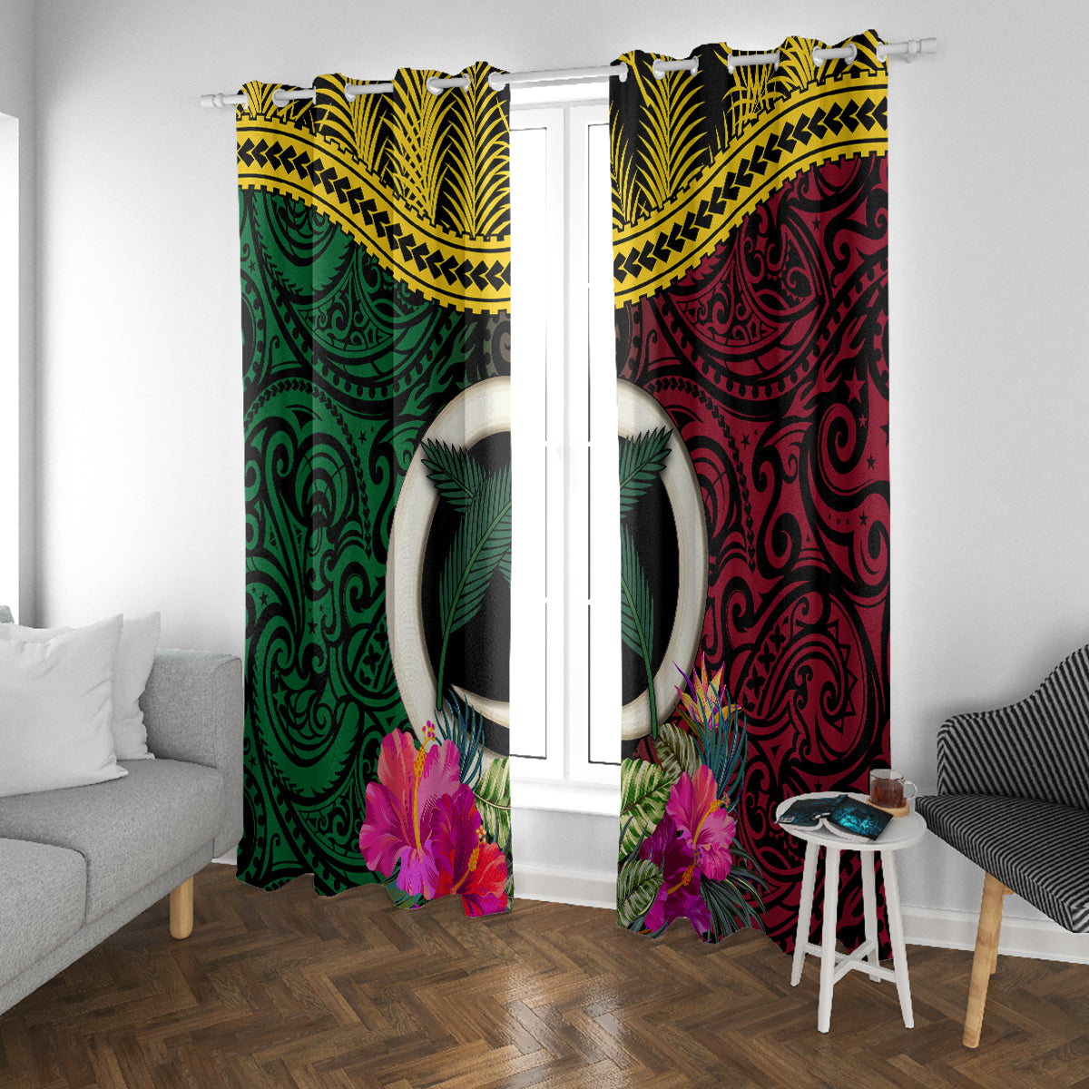 Vanuatu 44th Anniversary Independence Day Window Curtain Boars Tusk and Namele Plant LT03 With Grommets Black - Polynesian Pride