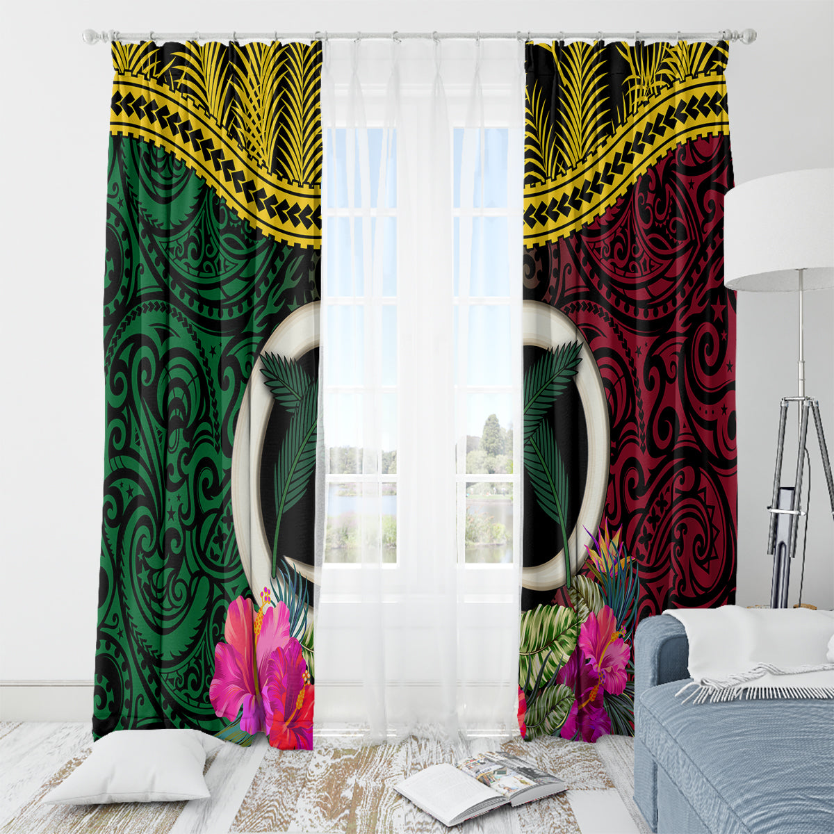 Vanuatu 44th Anniversary Independence Day Window Curtain Boars Tusk and Namele Plant LT03 - Polynesian Pride
