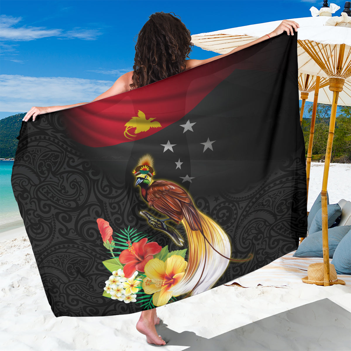 Papua New Guinea Independence Day Sarong PNG Flag and Bird-of-Paradise LT03 One Size 44 x 66 inches Black - Polynesian Pride