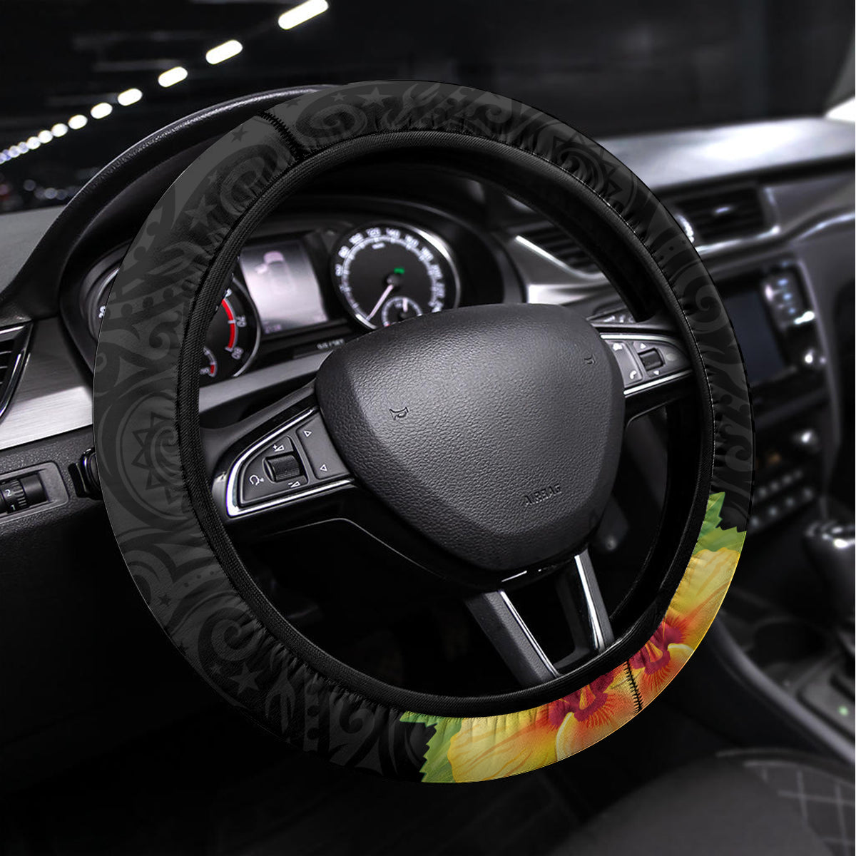 Papua New Guinea Independence Day Steering Wheel Cover PNG Flag and Bird-of-Paradise LT03 Universal Fit Black - Polynesian Pride
