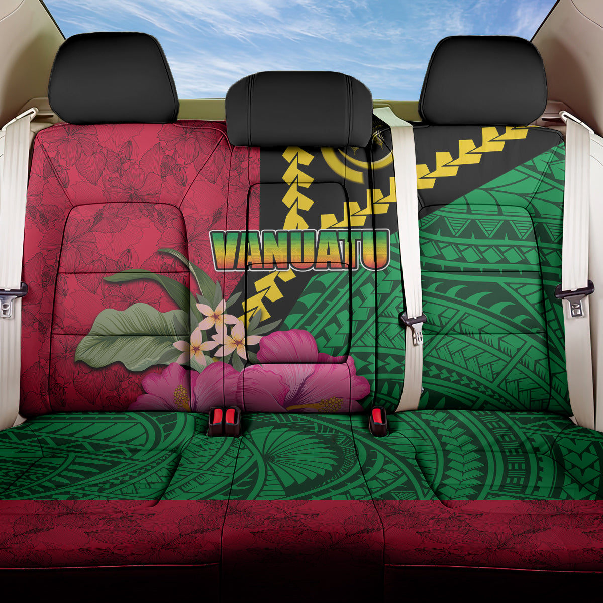 Vanuatu Flag Hibiscus Polynesian Pattern Back Car Seat Cover LT03 One Size Black - Polynesian Pride