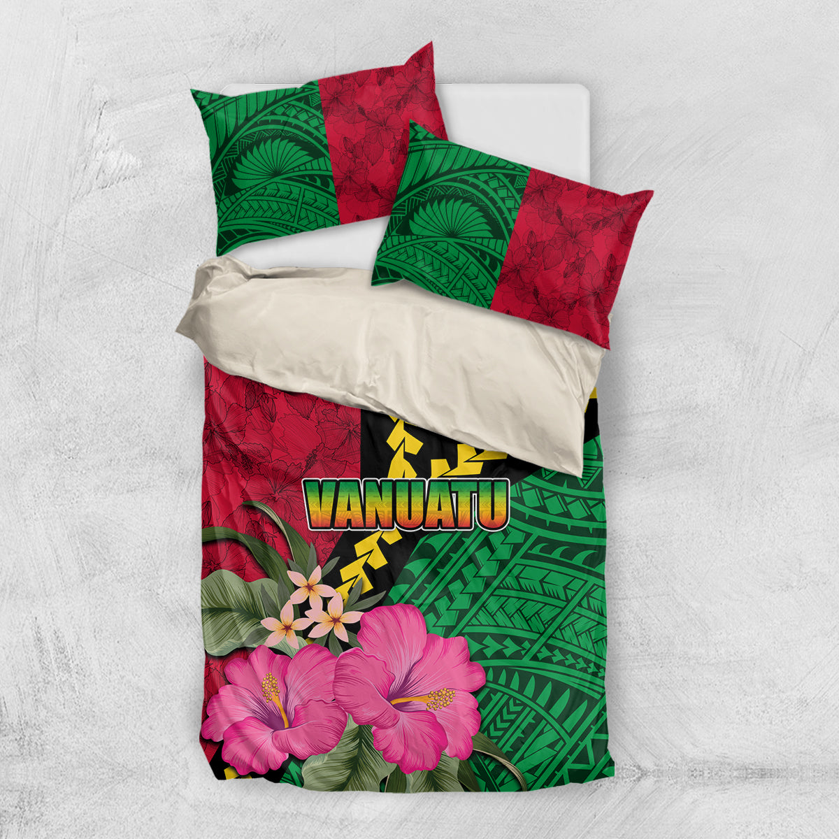 Vanuatu Flag Hibiscus Polynesian Pattern Bedding Set LT03 US Twin 172cm x 218cm Black - Polynesian Pride