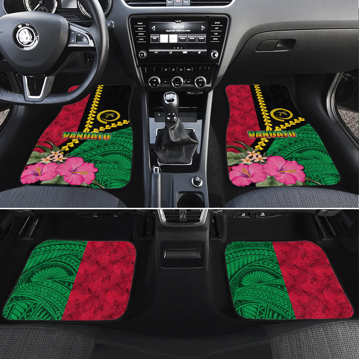 Vanuatu Flag Hibiscus Polynesian Pattern Car Mats LT03 Set 4pcs Black - Polynesian Pride