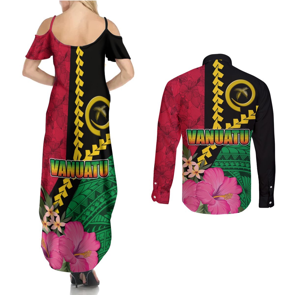 Vanuatu Flag Hibiscus Polynesian Pattern Couples Matching Summer Maxi Dress and Long Sleeve Button Shirt LT03 - Polynesian Pride